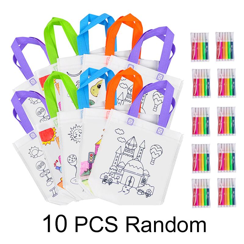 DIY Coloring Goodie Bags with Coloring Markers Party Gift Bags for Kids Toy Storage Bag Eco Non-Woven Fabric Drawstring Bags