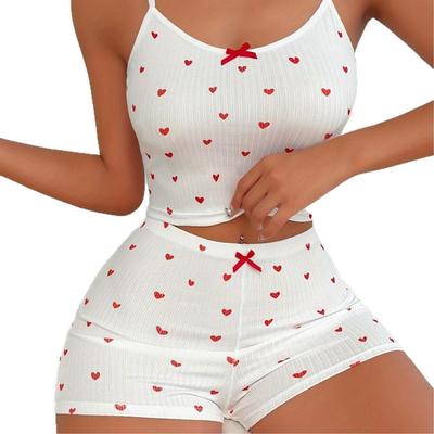 2024 Heart Print Bow Strappy Pajama Set