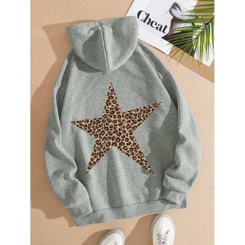 European & American Women's Fashion Leopard Star Print Hooded Sweatshirt - Loose Fit, Drop Shoulder Sleeves