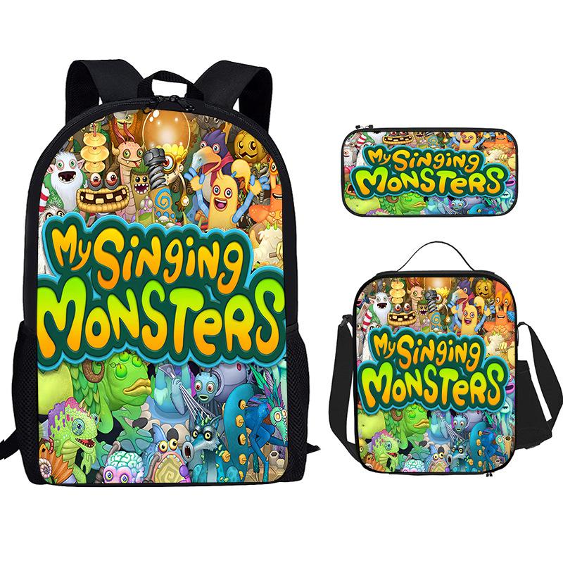 Monster Singer Elementary School Bag Three-Piece Nylon Printed Backpack Breathable Backpack Lightweight