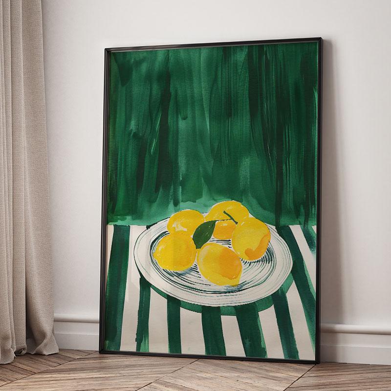 Green Striped Girl Lemon Leaf Wall Art Canvas Painting Abstract Posters And Prints Hotel Bar Wall Pictures For Living Room Decor