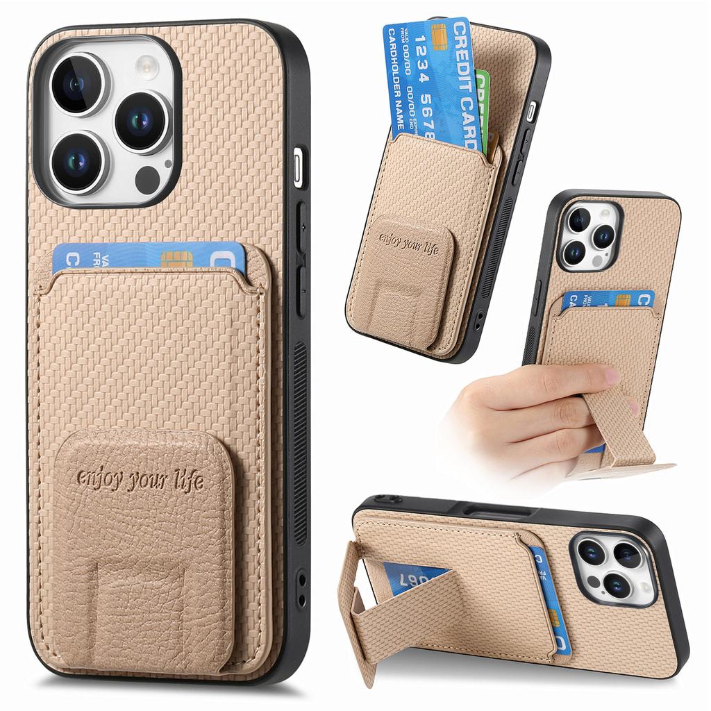 C1-11 for iPhone 16 Pro Case Card Holder Carbon Fiber Texture Leather Coated TPU Phone Cover