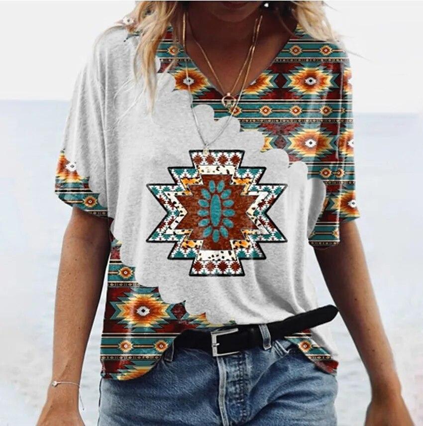 Vintage Women's T Shirts Summer Clothing 3d T Shirts V Neck Oversized Tops Girls Shirt Tees Loose Streetwear Ethnic Apparel 2023