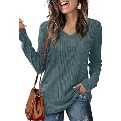 Autumn Winter Solid Color Knitted Sweater V-neck Long Sleeved Women's Clothing