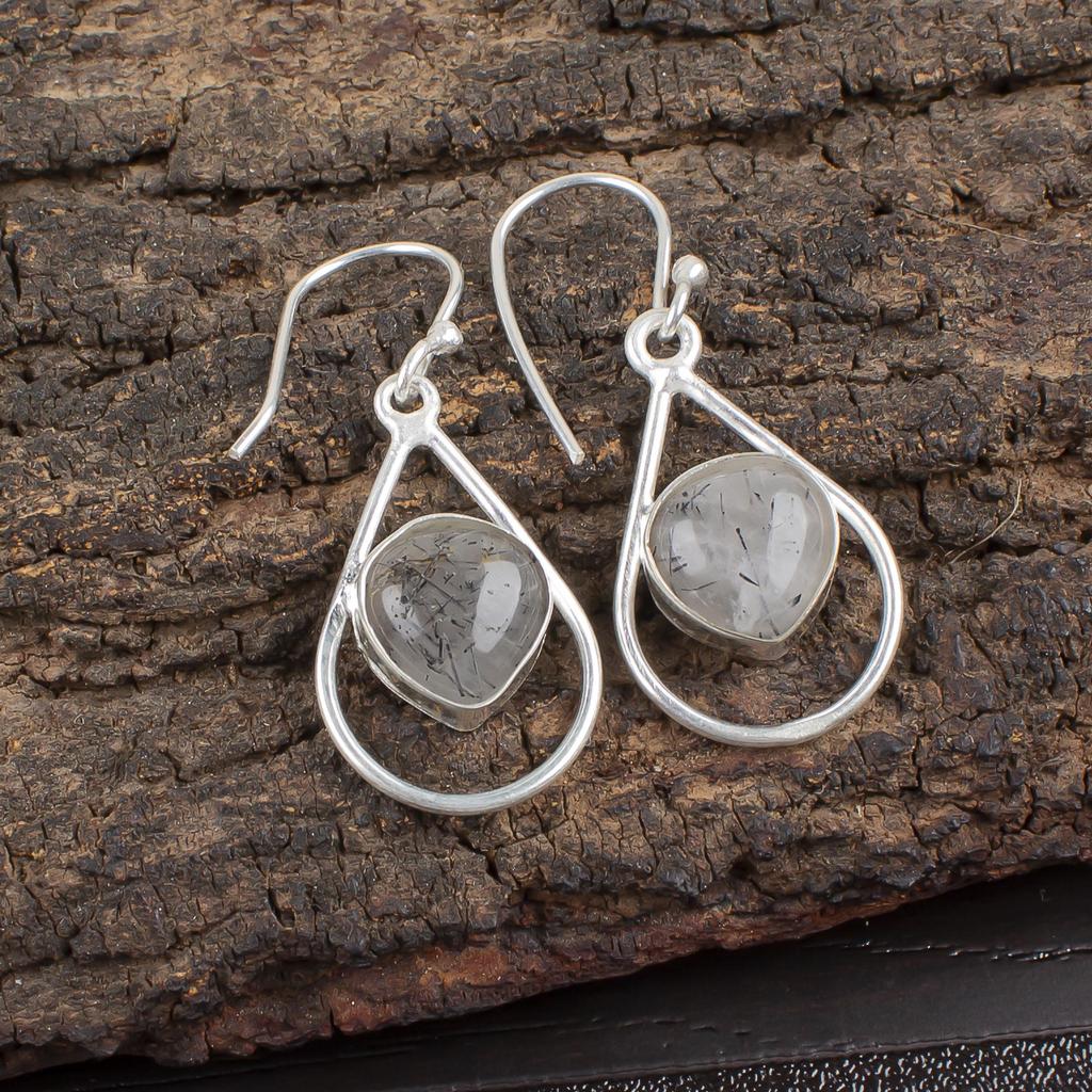 Black Rutile Handmade Silver Earrings, 925 Sterling Silver Boho Earrings, Beautiful Rutile Gemstone Earrings Gift For Love
