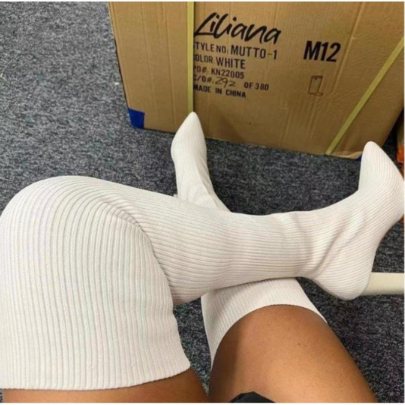 Autumn and winter pointed thick heel knitted knee boots women's European, American foreign trade large size elastic wool socks long boots