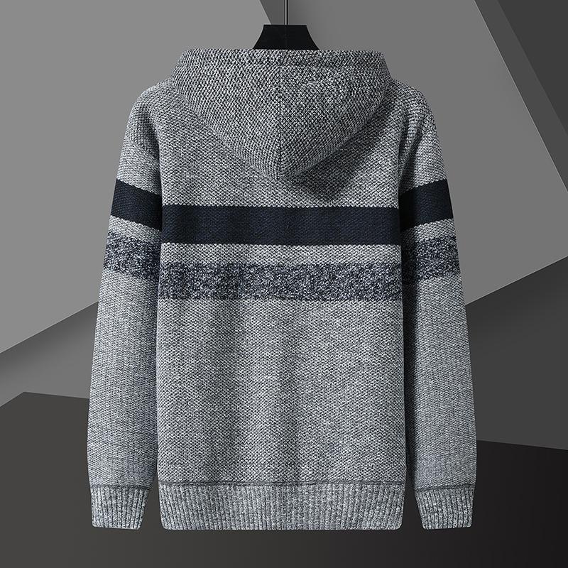 Winter Striped Mens Sweater Coat Thick Fleece Warm Zipper Wool Hooded Cardigan Jumpers Men Long Sleeve Knitted Sweaters
