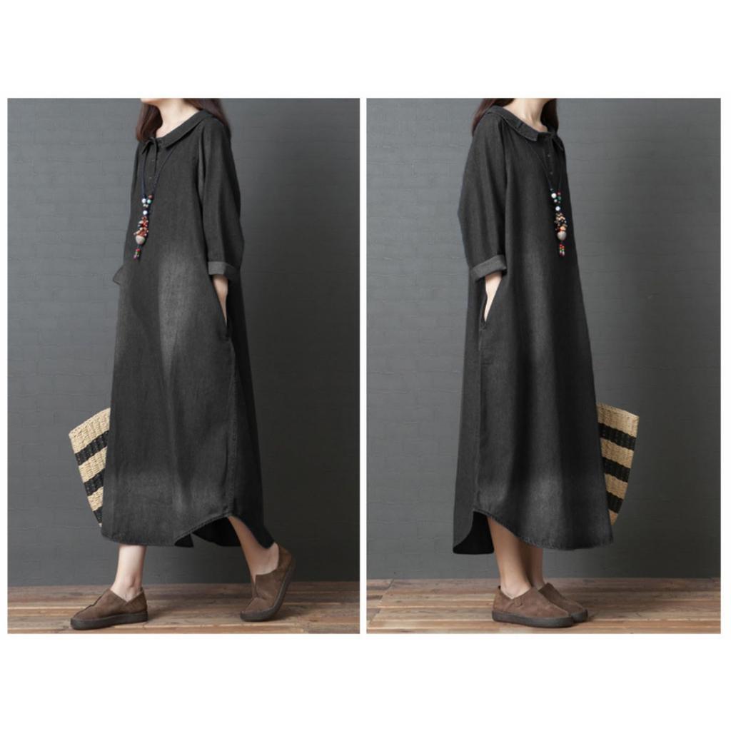 JINJUDUO Denim Long Loose Long with Office Winter Women's Dress, Sleeve, 100% Cotton, Fit, Length, Slimming, All-Season Pullover, Pockets, Casual,