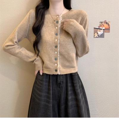 Autumn New Lace Splicing Single-breasted Short Round Neck Long-sleeved Knitted Cardigan Women's Casual Knitted Jacket