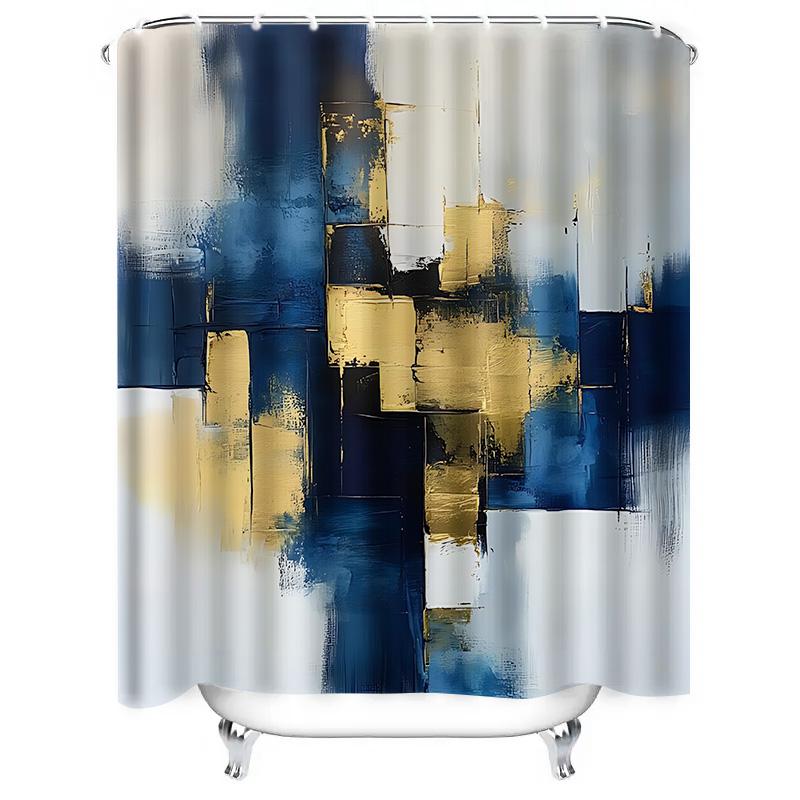 Abstract Art Shower Curtain For Bathroom Decor - Modern And Elegant Blue And Gold Design - Waterproof And Durable  Easy-Clean