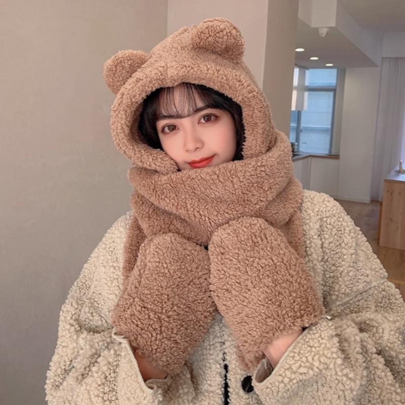 New Cute Bear Ear Hat Scarf Gloves Set Winter Women Beanies Caps Warm Plush Fleece Casual Solid Hats Kawaii Present