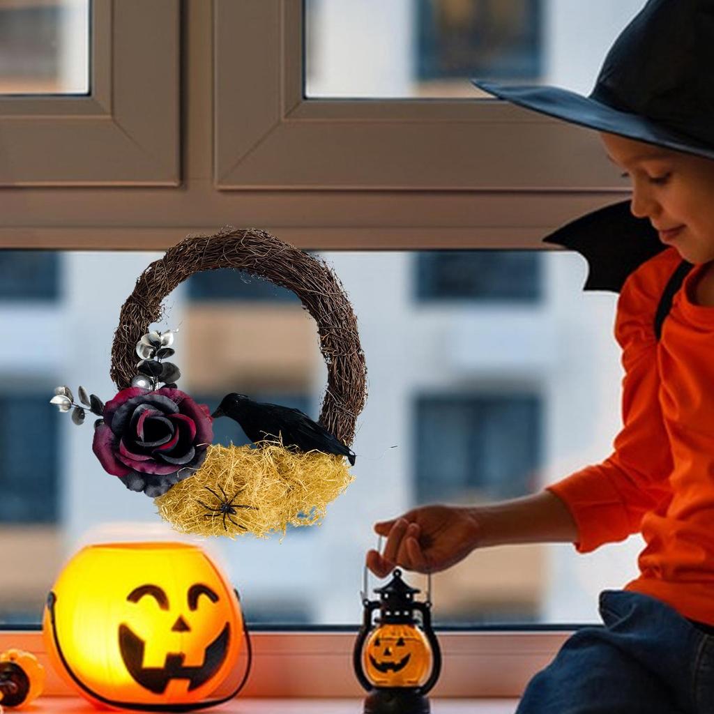 Halloween Door Wreath Outdoor Halloween Garland With Crow Vines Photo Props Home Decor Realistic Artificial Party Decorations