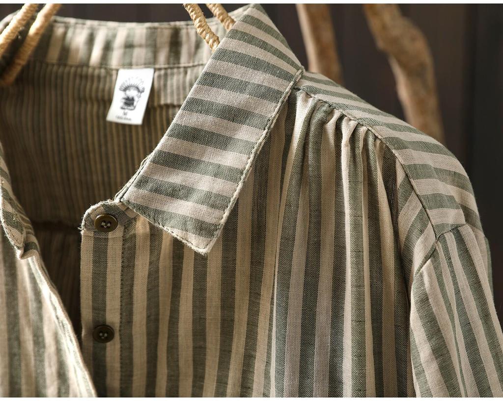 2026 Spring Women's Long Sleeve Retro Vertical Striped Cotton Gauze Shirt