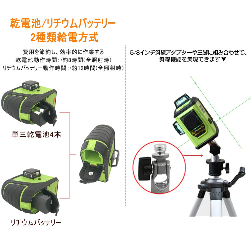 Fukuda Green Laser 12 Laser Level Unit 360° Full-Line Level, Lines, 360° Vertical2, 360° Horizontal1, MW-93T-2-3GJ, Level,