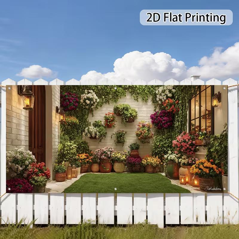 Wandteppich „Bohemian Garden“, Hintergrundstoff mit üppigen Blumen und Laternen, Heimdekoration