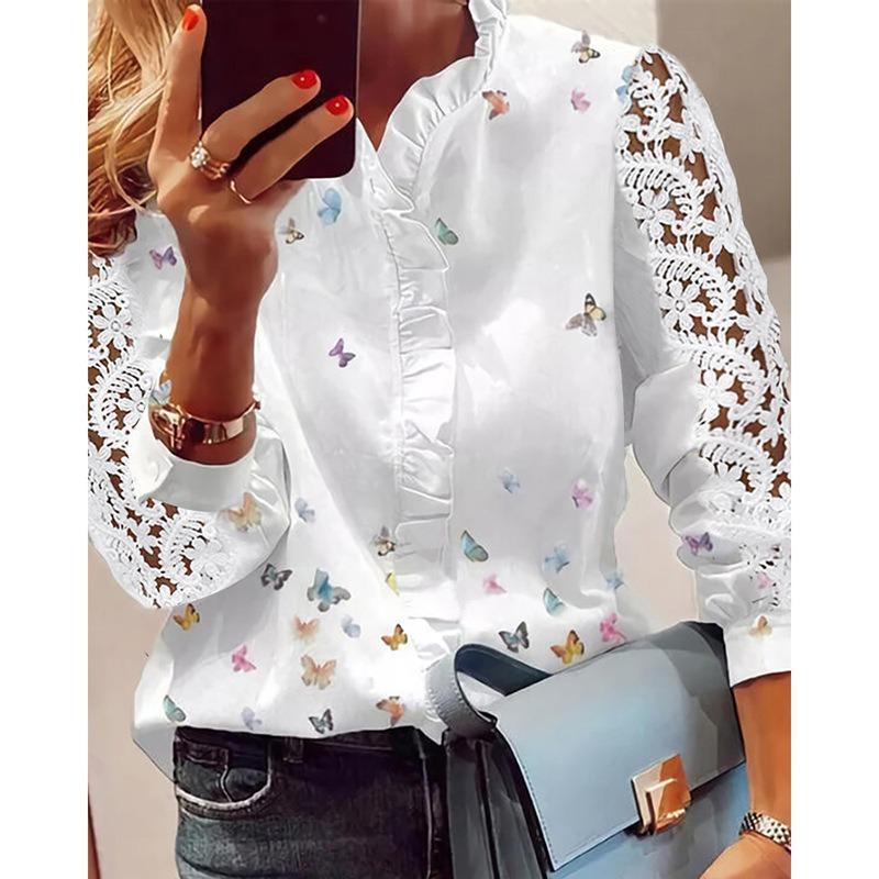 Ladies Spring Elegant Wind Temperament Flower Yao Long Sleeve Ruffle Collar Regular Shirt
