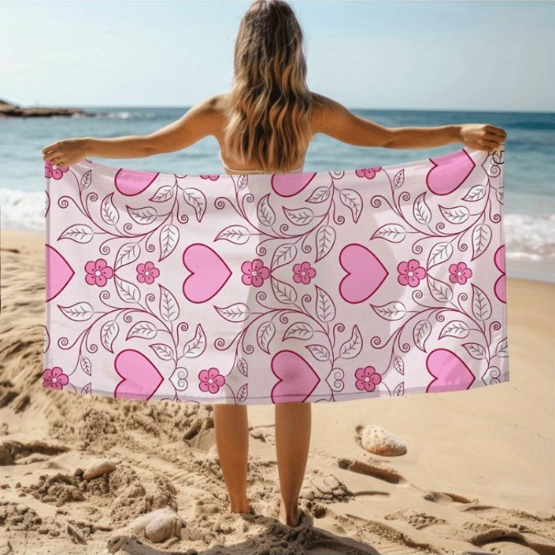 

1pc Pink Purple Heart Flower Pattern Beach Towel- Soft, Absorbent, Quick-Drying- Suitable for Swimming, Camping, Bathing W40*H60(CM)