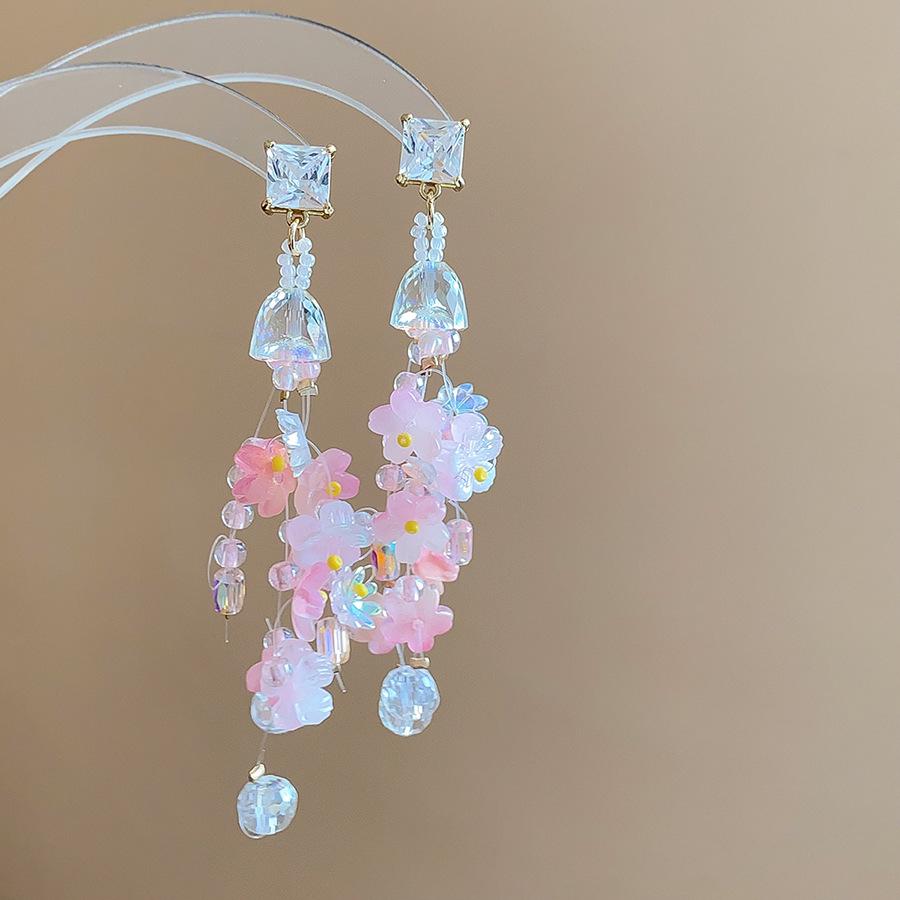 Mori Style Silver Needle Floral Glass Grape Tassel Earrings – Elegant High-End Design