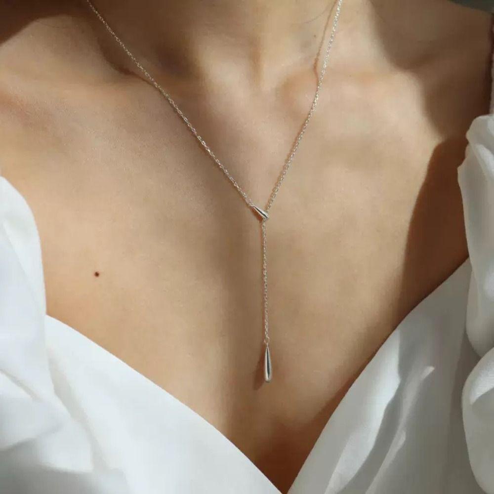 Y-shaped Water Drop Tassel Necklace Titanium Steel Metal Necklace Collarbone Chain  Jewelry Gifts