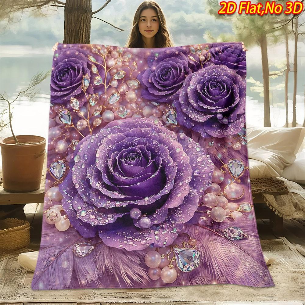 1pc 2D Flat Printing Spring & Summer New Arrival Dreamy Purple Rose with Pearl Gemstone Pattern Digital Print Blanket, Throw Blanket, Soft and Comfort