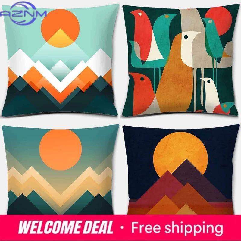 Home Decor Geometric Mountains Colorful Birds Pillow Covers Pattern Cushion Cover Suitable For Sofa Bedroom Car Pillow Cover
