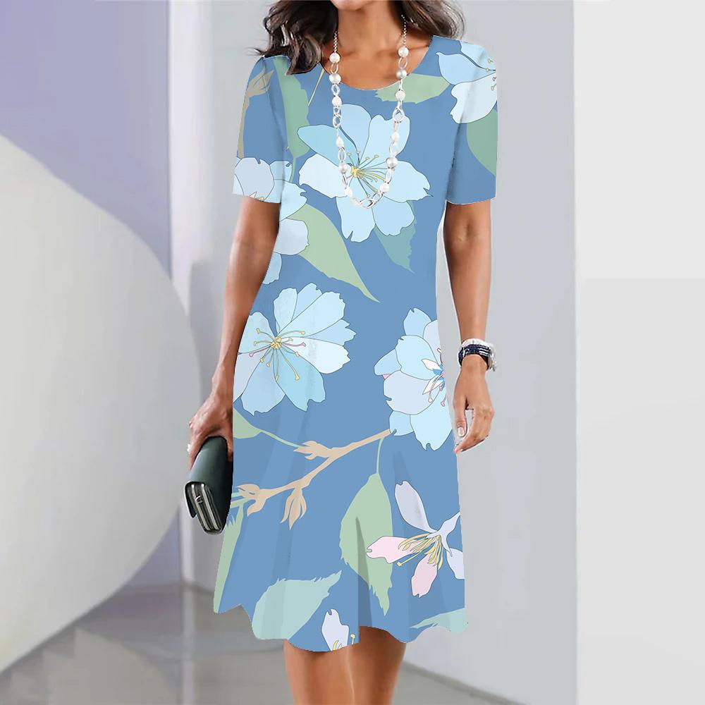 Blue Floral Women's Summer Short Sleeve Dress Fashion Party 3D Print Round Neck Knee-Length Dress 2026