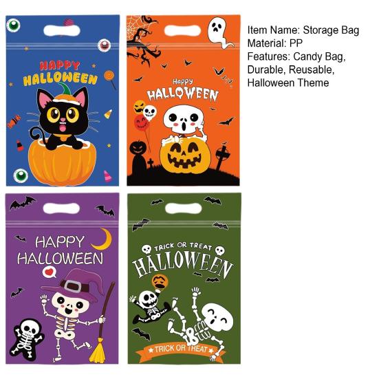 Durable Plastic Storage Containers 4PCS Halloween Candy Treat Bags with Handle, Translucent Stand-up Dessert Theme Holders Pouches, Cartoon