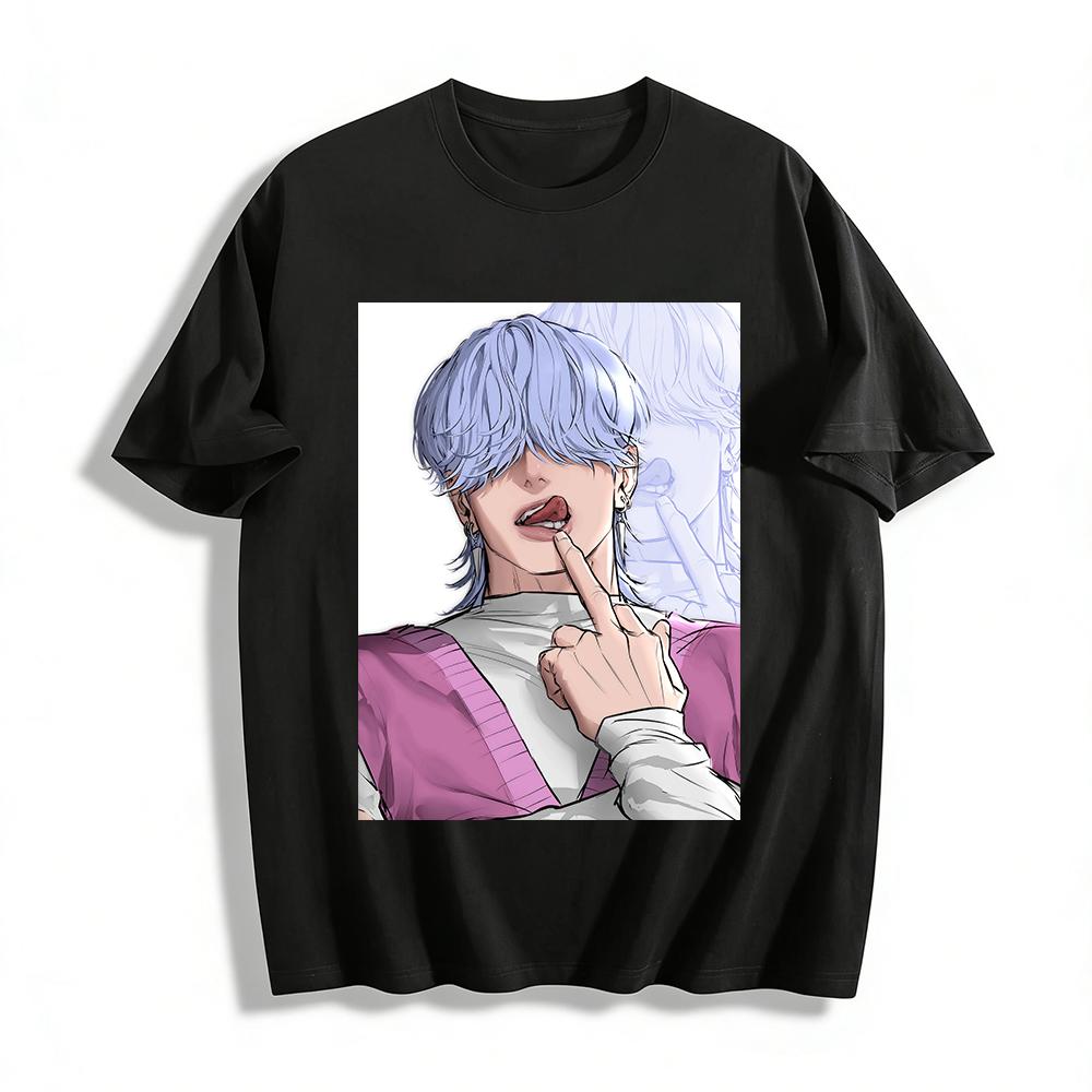 

Anime Style Silver-haired Hunk Printed Long-sleeve Top Trendy Subculture Street Loose Casual Base Shirt Pure cotton T-shirt XXS