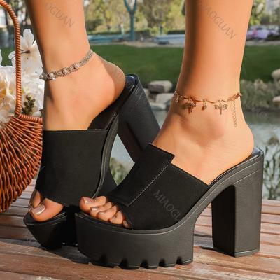 2026 Sommer Schwarze Wildleder Plateau Peep Toe Hausschuhe für Damen 10,5 cm Blockabsatz Höhe Erhöhend Damen Outdoor Slides Sandalen