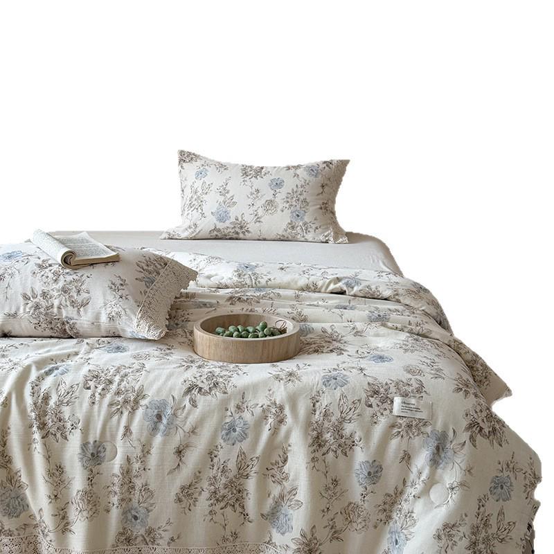 Summer Retro Cotton Linen Lace Design Thin Quilt - Machine Washable Air Conditioning Blanket