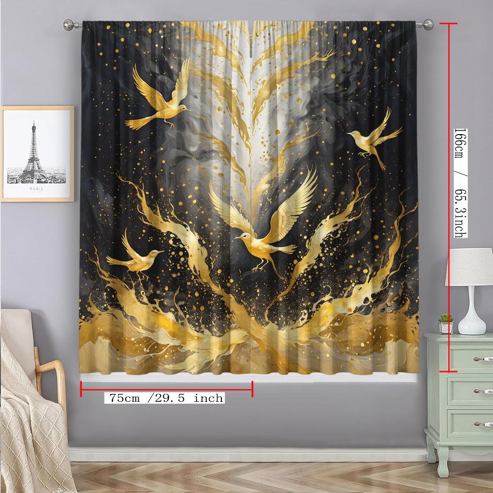 Set of 2 Golden Bird Patterned Curtains, Featuring a Modern Artistic Style with Rod Pockets, Suitable for Home Decoration in