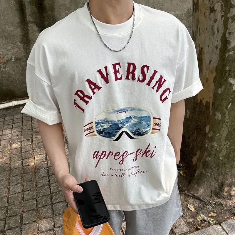 Men s White Graphic Print Short Sleeve Crew Neck Loose Fit Casual T-Shirt S