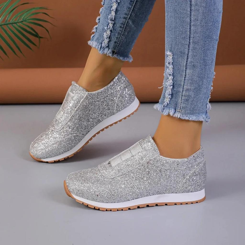 fashion New Women'S Casual Flash Mesh Flat Shoes Woman Sequin Vulcanized Shoes Lace Up Sports Female Outdoor Sports Running Shoes