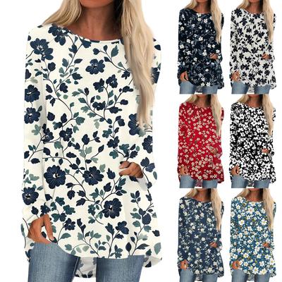 Women's Fashion Casual Long Sleeve Print Round Neck Pullover Top Blouse
