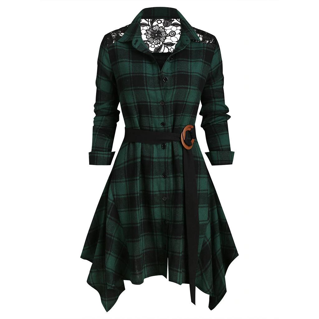 Abito midi da donna in pizzo a quadri con cintura, elegante e aderente, perfetto per feste e occasioni quotidiane.