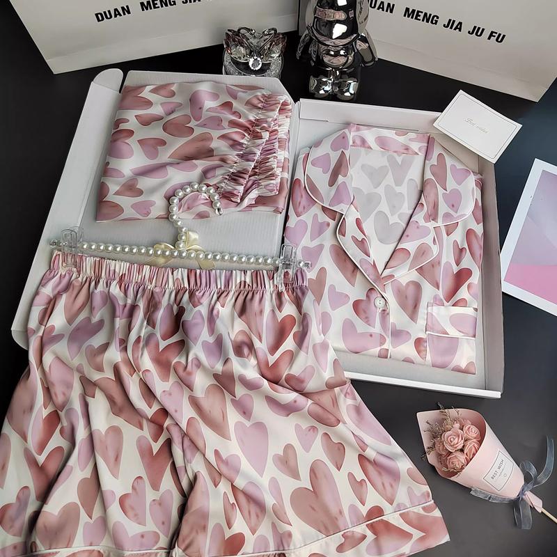 Koreański Styl Nowa Damska Piżama Trzyczęściowy Zestaw Wzór Drukowany Wiosenna Damska Piżama Krótki Rękaw Szorty Spodnie Odzież Domowa