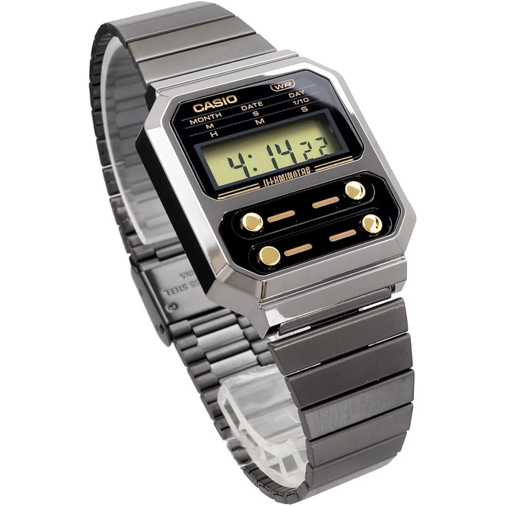 Casio A100WEGG-1A2 Digital Watch Men's Retro Design Black Gold Stainless Steel