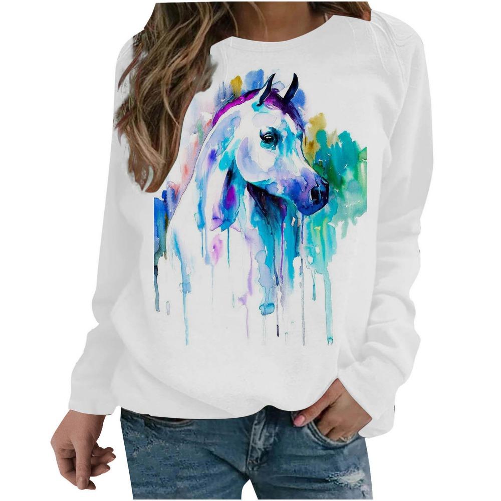 New Loose Casual 3D Animal Print Pattern Women's Round Neck Long Sleeved T-shirt