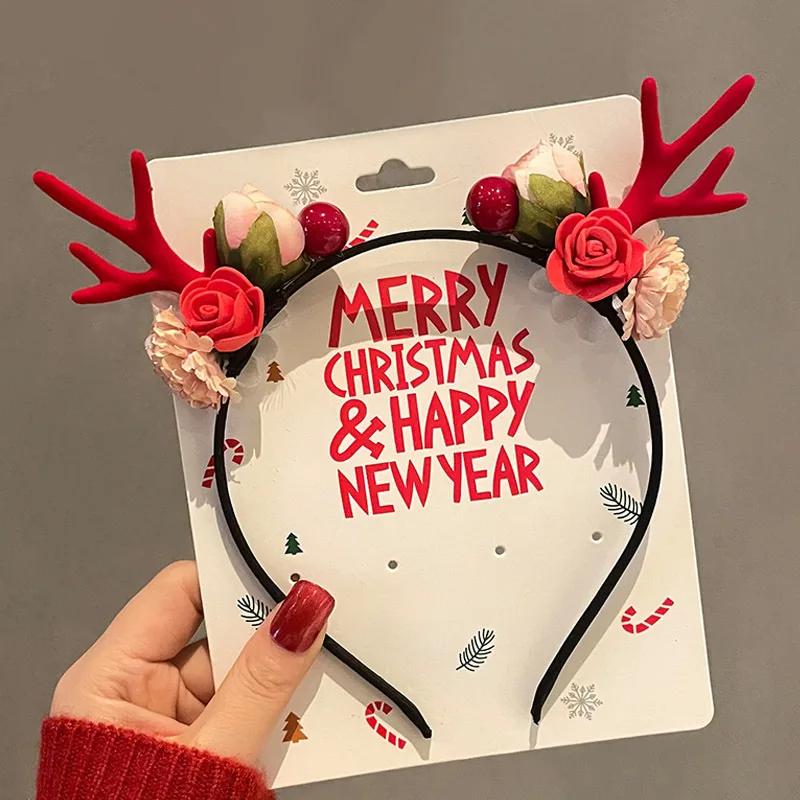 Cartoon 3D Spring Christmas Headband Fluffy Plush Christmas Hat Santa Claus Hairband Cosplay Prop Deer Ear Xmas Hair Accessories