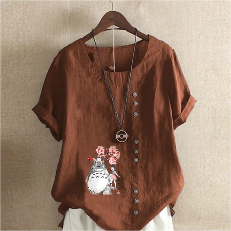Women's Fashion Round Neck Short Sleeve T-shirt Casual Cotton Linen Graphic Shirt Leisure Loose Cartoon Characters Prined Summer Blouse Tops