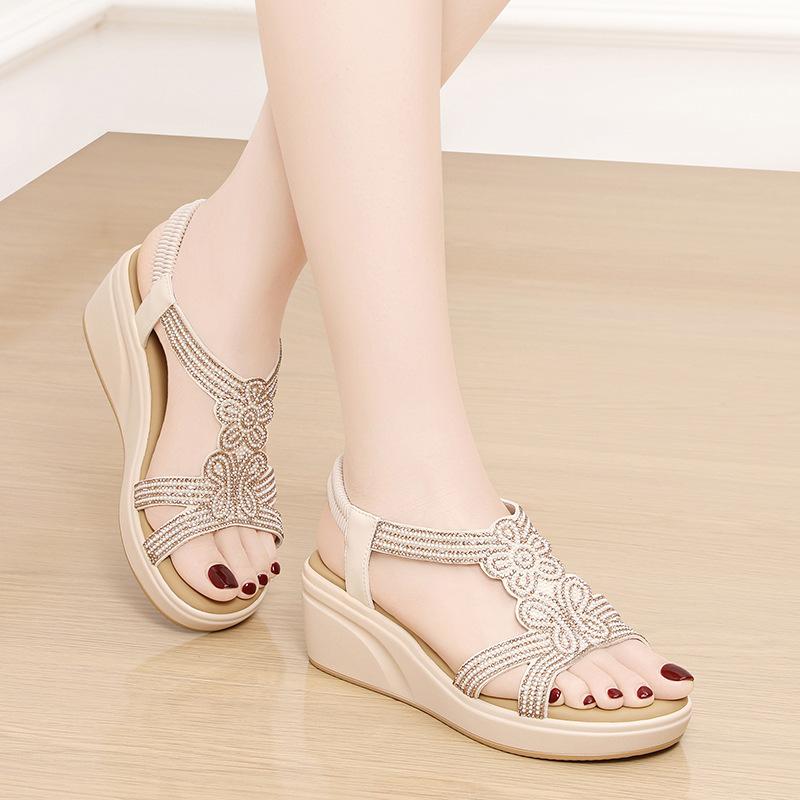 Wedge heel sandals women's rhinestones summer new versatile outer wear Roman style soft sole mid-heel thick-soled muffin shoes