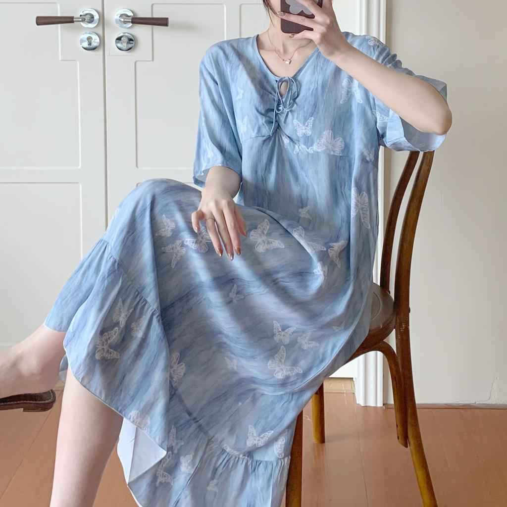 Women's summer short-sleeved cotton and silk nightgown with chest pad, strap-on floral medium and long thin styles can be worn outside, large size 