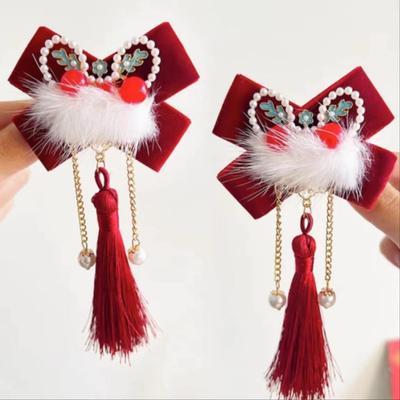 Hanfu Red Lion Hair Clip with Tassels - Ancient Style New Year Headdress for Women