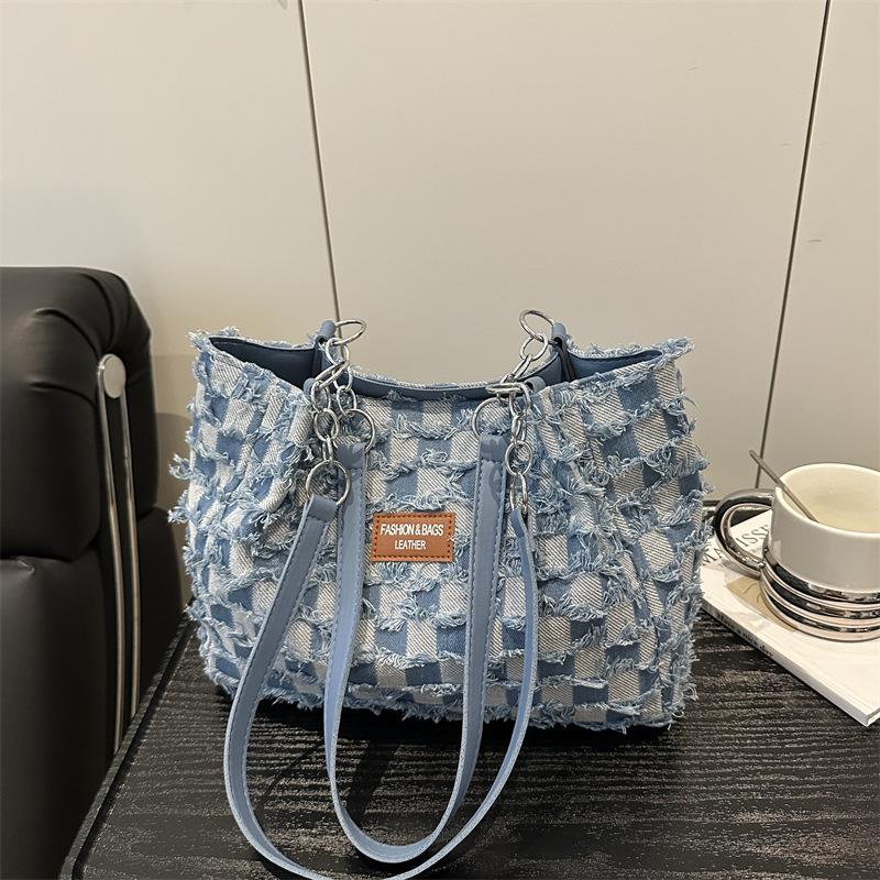 2025 autumn and winter plaid niche bucket bag dumpling bag denim shoulder underarm bag versatile tote women's bag