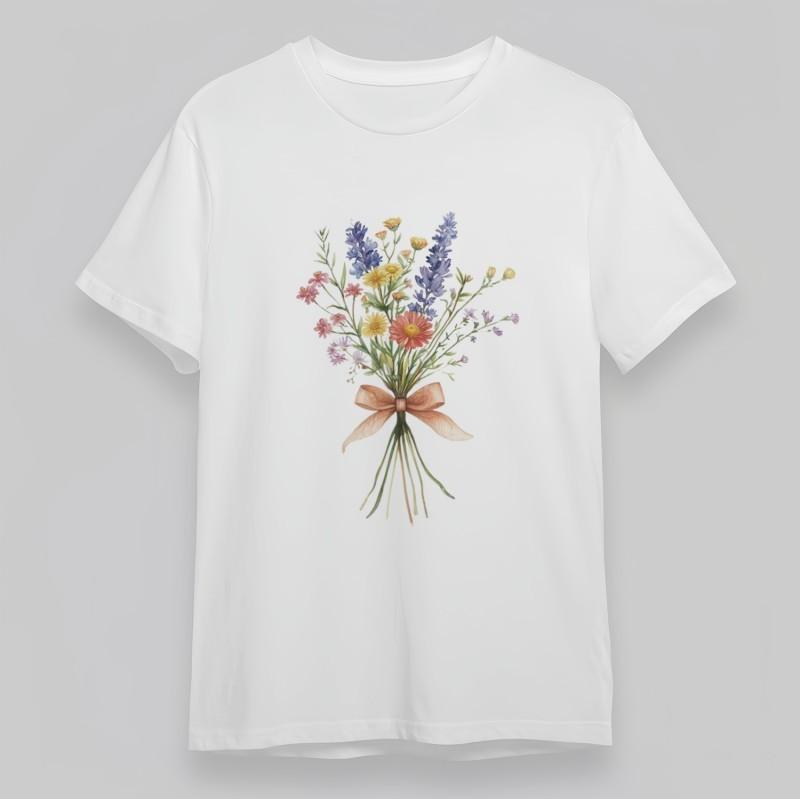 Women's Oversize Comfy Classic T-Shirt Colorful Flower Bouquet With Ribbon Tee