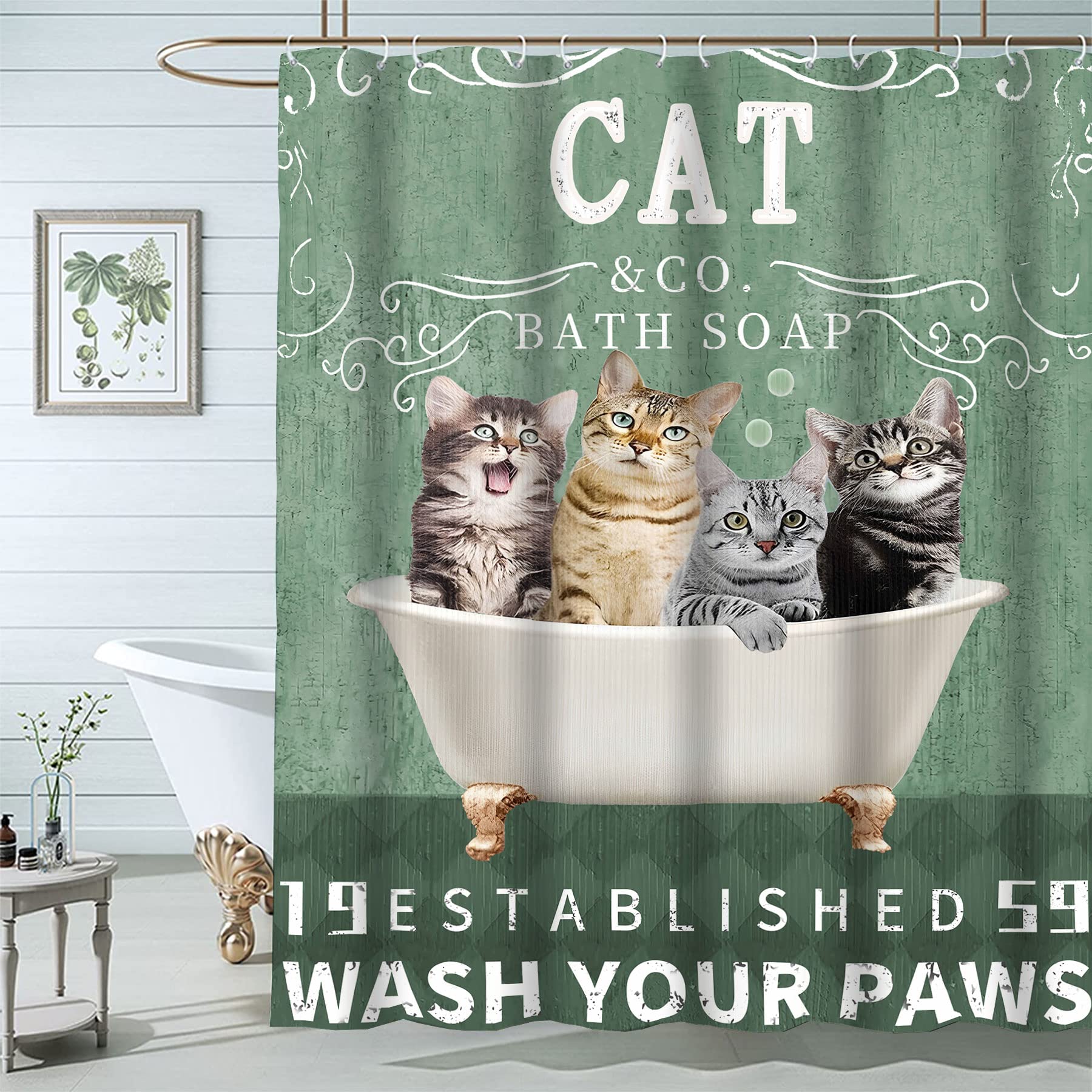 

Funny Animals Shower Curtain,Cat Cowboy with Rifle Rides A Horse on Green Grass Ranch with Cow Dog Shower Curtains for Bathroom W90xH180cm