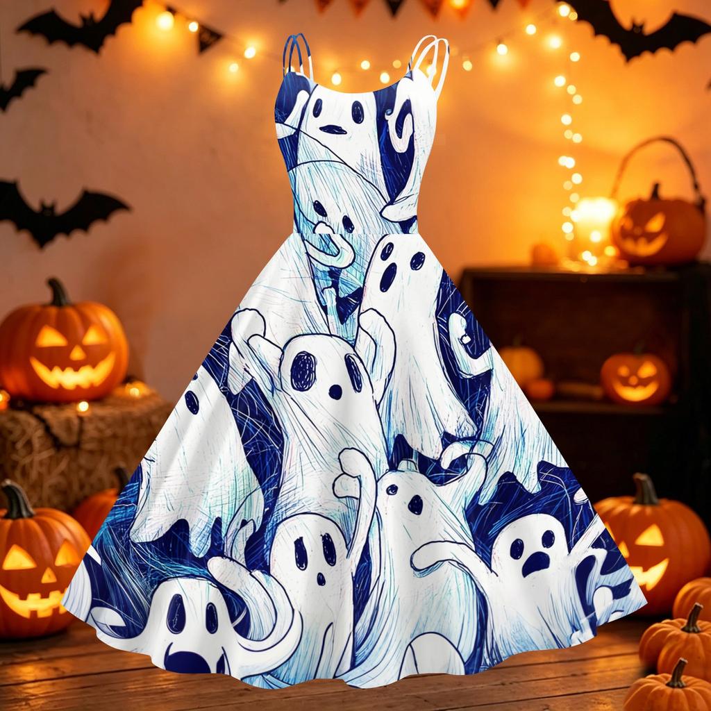 Womens Halloween Print Off Shoulder Dress Vintage Punk Style Sleeveless Spaghetti Strap Flared Skirt Party Dress