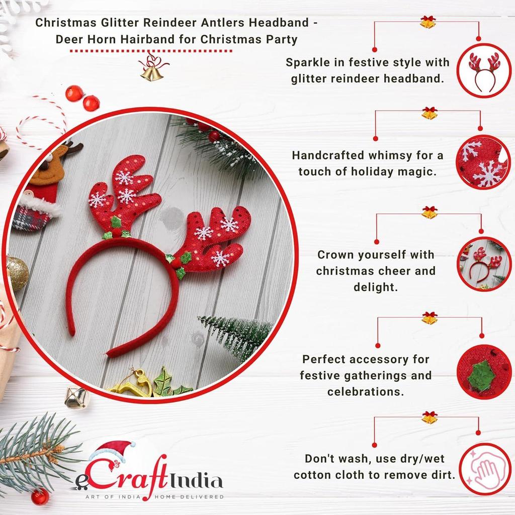 Red Christmas Headband Glitter Reindeer Antlers Design Hair Band | Deer Horn Hairband for Party Birthday | Xmas Gift for Children Girls