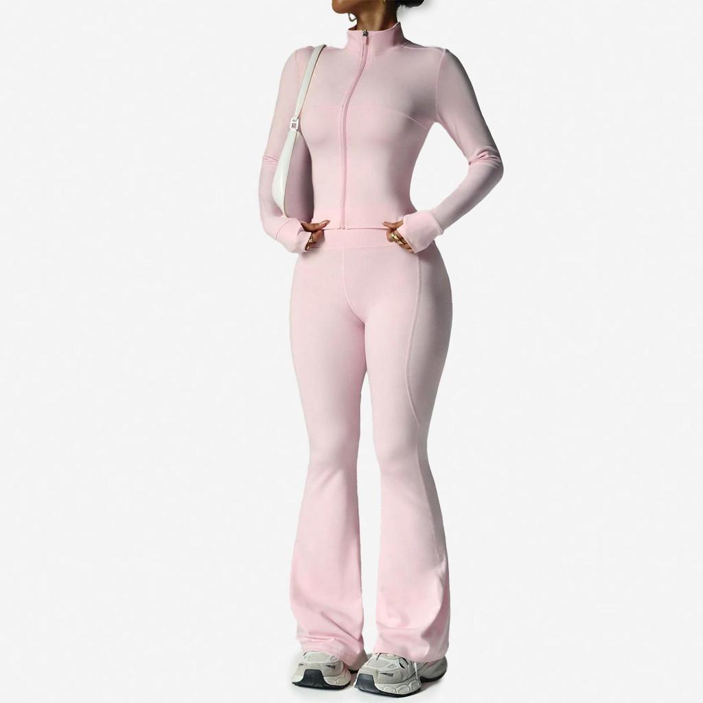 Waist-Cinching Yoga Set: Long-Sleeve Jacket & Butt-Lifting Micro-Flare Pants - Women's Sportswear for Autumn/Winter.
