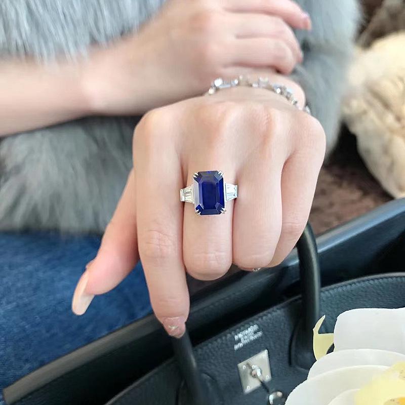 Luoxi Temple 2023 S925 Silver Simulated Emerald Cut Royal Blue Ring